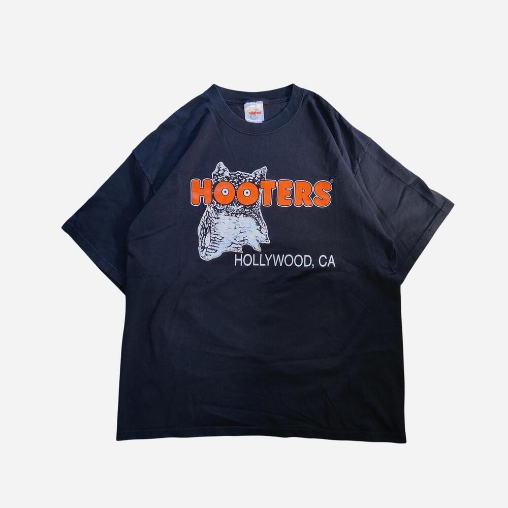 Hooters T-Shirt with Black tee with orange and white owl graphic and 'HOOTERS' a